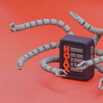 Robô tridimensional com braços tentaculares diante da palavra “HOAX”, em referência à inteligência artificial e à desinformação.