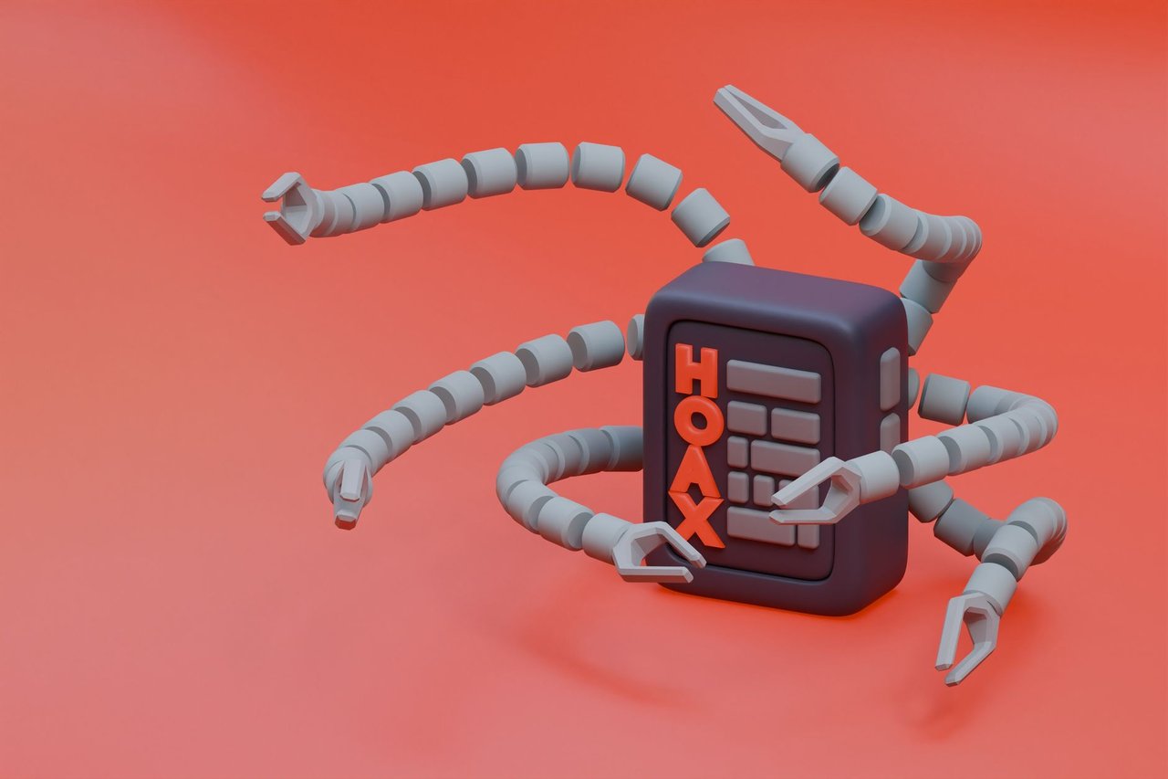 Robô tridimensional com braços tentaculares diante da palavra “HOAX”, em referência à inteligência artificial e à desinformação.